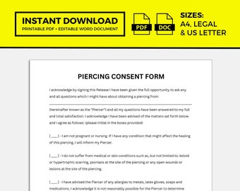 Editable Body Piercing Consent Form Template Etsy