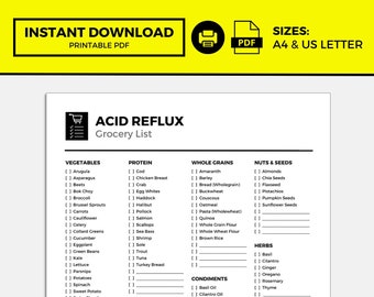 Acid Reflux Grocery List, GERD Diet, Acid Reflux, Heartburn, GERD, Grocery List, Food List, Shopping List, Grocery List Template