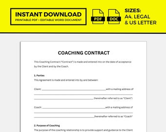 Coaching Contract Template Editable Attorney written Instant Download