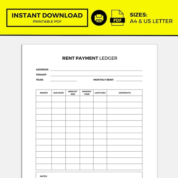 Rent Payment Ledger,  Rent Ledger, Rent Ledger Template, Rent Ledger PDF