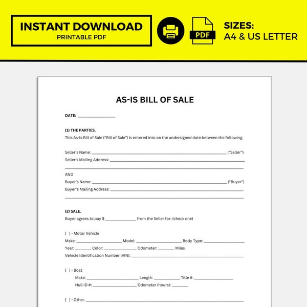 Vehicle Bill of Sale Canva Etsy Ireland
