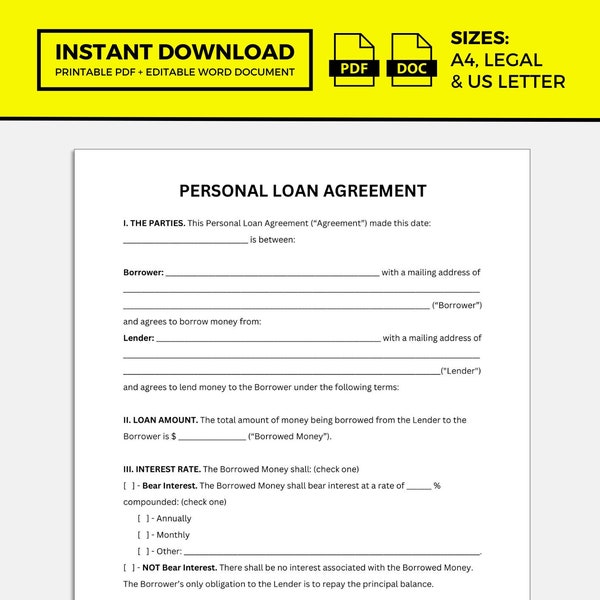 Personal Loan Agreement, Personal Loan Template, Loan Contract, Loan Agreement, Loan Templates, Personal Loan