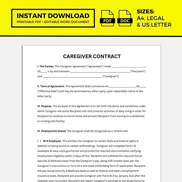 Caregiver Contract, Caregiver Contract Template