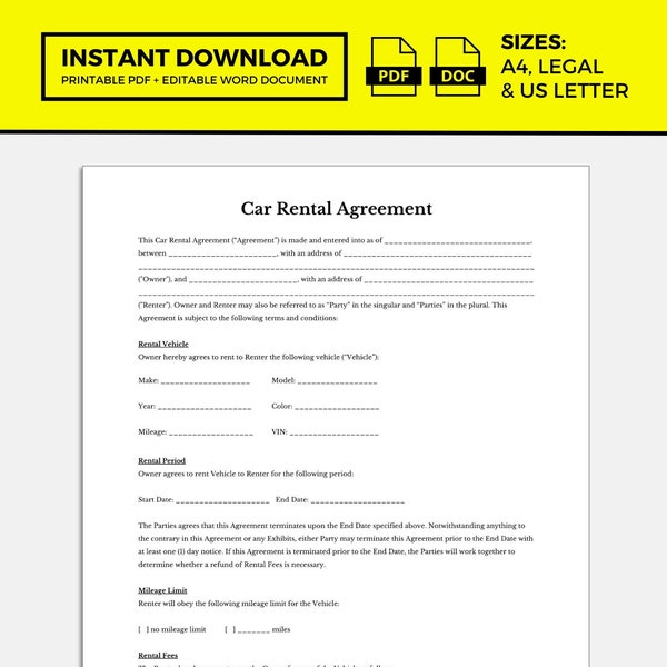 Car Rental Agreement, Car Rental Contract, Car Rental Template
