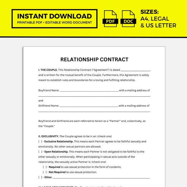 Relationship Contract, Relationship Agreement, Contract Template, Agreement Template