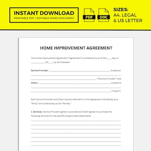 Home Improvement Agreement Home Improvement Contract Etsy