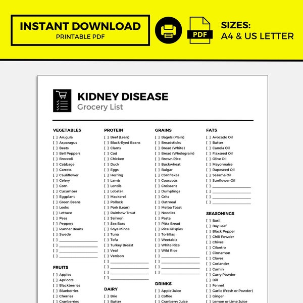 Liste des aliments pour les maladies rénales, Liste d'épicerie pour les maladies rénales, Régime rénal, Maladie rénale chronique, Maladie rénale, Liste des aliments, Liste d'épicerie