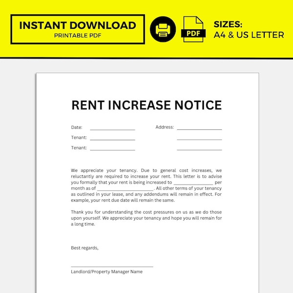 Rental Increase Notice, Rental Increase Form, Rental Increase Letter