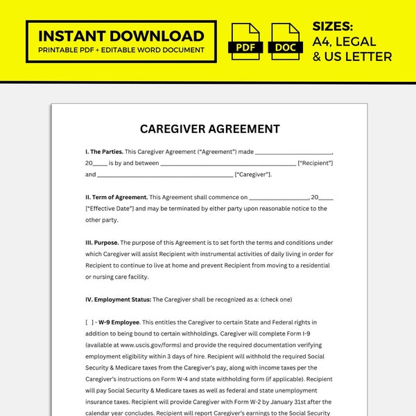 Caregiver Agreement, Caregiver Agreement Template