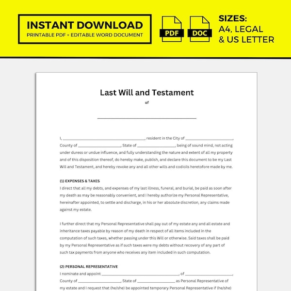 Last Will and Testament, Last Will and Testament Template, Last Will and Testament Form, Last Will And Testament Printable, Last Will