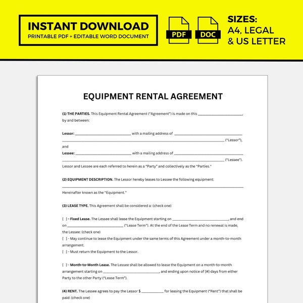 Equipment Rental Agreement, Equipment Rental Agreement Template, Equipment Rental, Rental Agreement, Rental Contract
