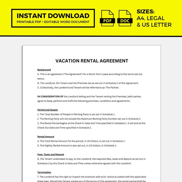 Vacation Rental Agreement, Vacation Rental Contract, Vacation Rental, Rental Agreement, Rental Contract