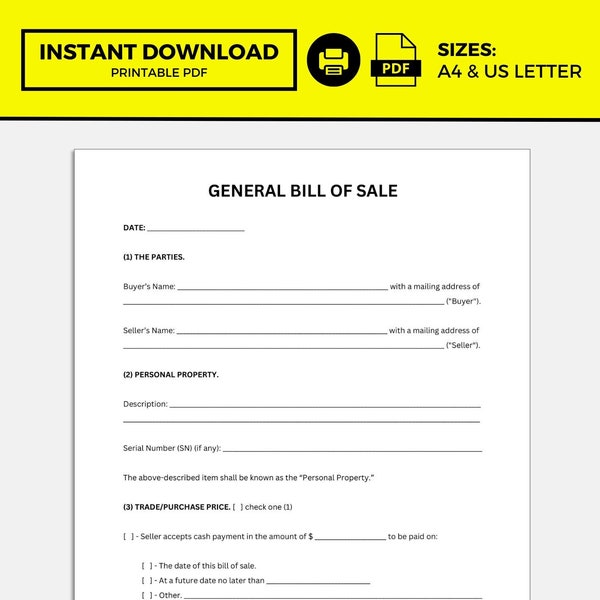 General Bill Of Sale, Bill Of Sale, Bill Of Sale Template, Bill Of Sale Form, Bill Of Sale PDF