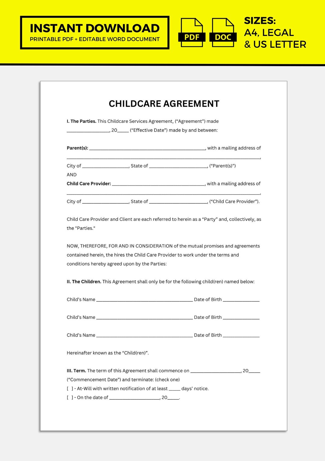 Childcare Contract, Childcare Agreement - Etsy
