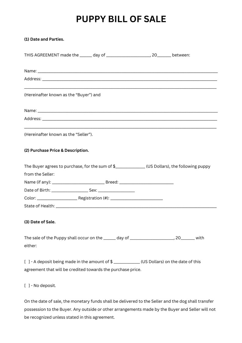 Puppy Bill of Sale, Puppy Bill of Sale Template Etsy
