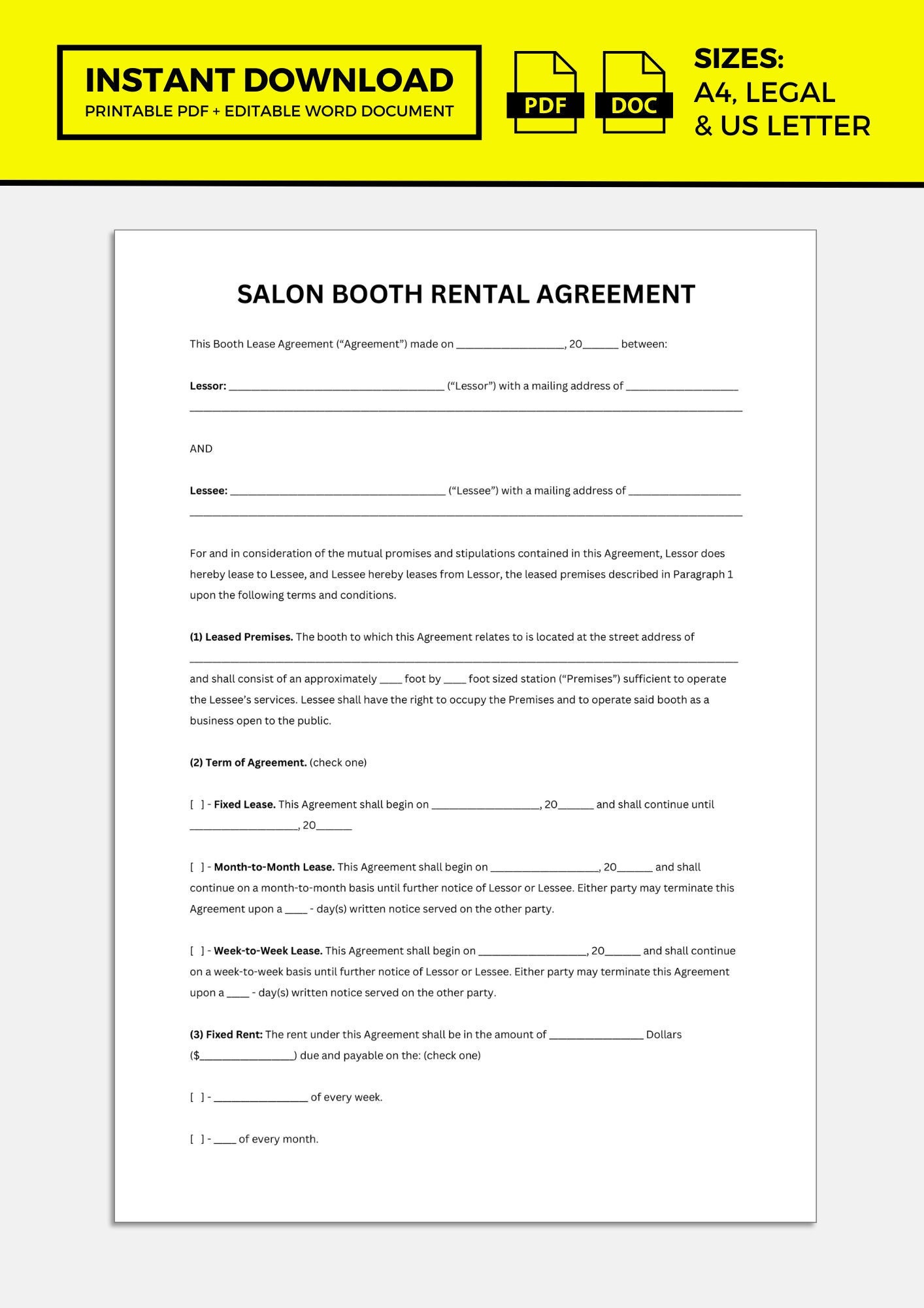 Saloon Booth Rental Agreement Salon Booth Rental Contract - Etsy UK
