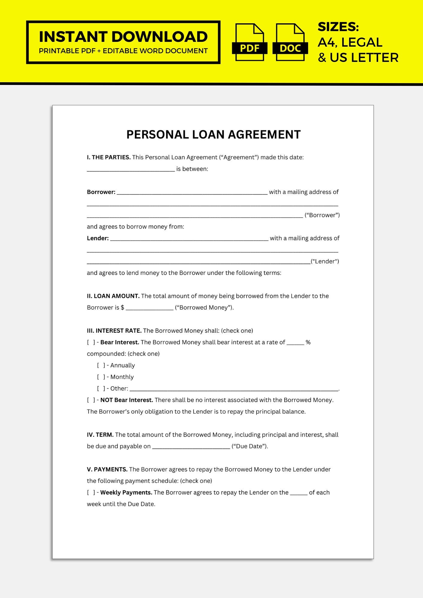 Personal Loan Agreement, Personal Loan Template, Loan Contract, Loan