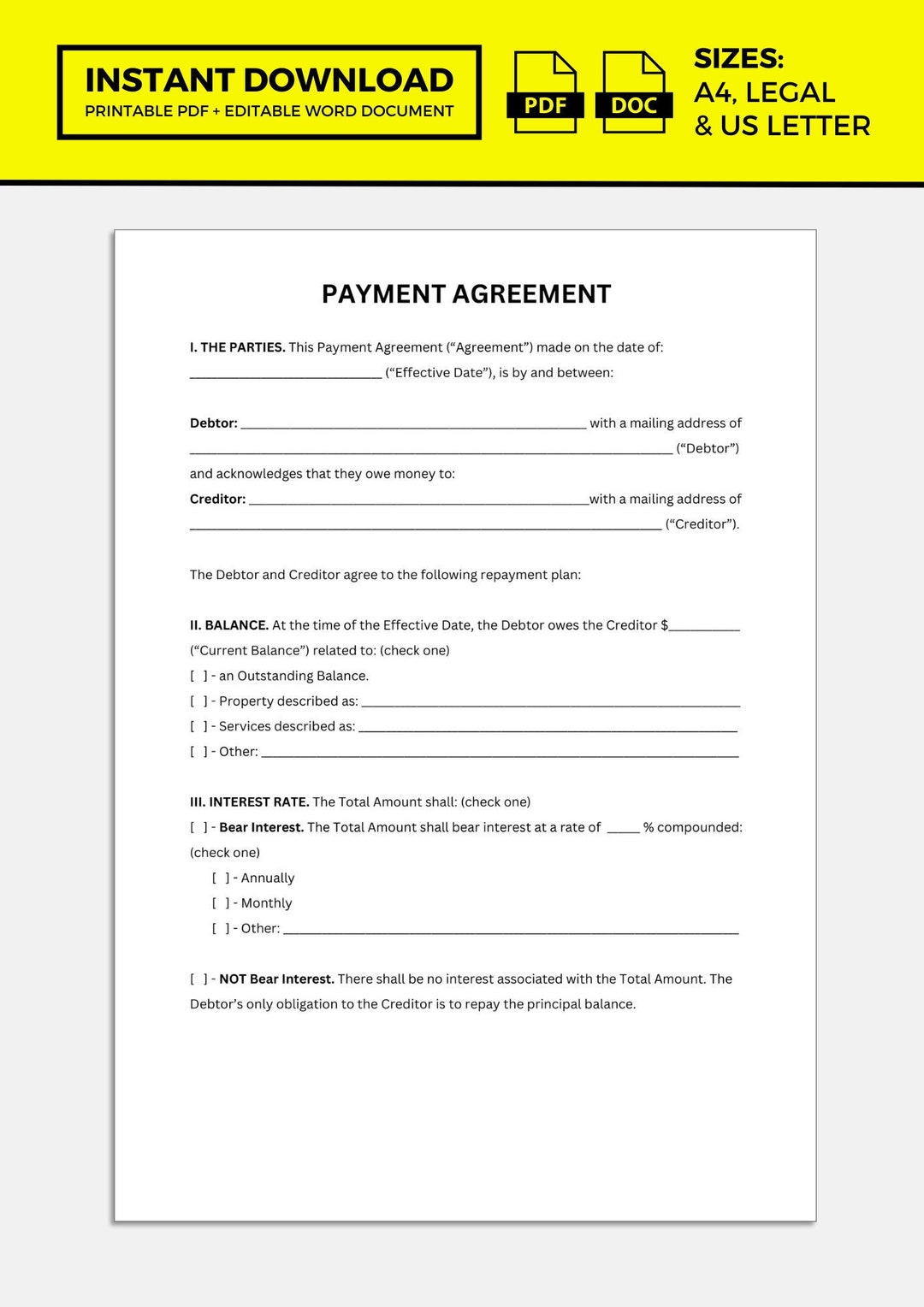 Payment Agreement, Payment Contract Etsy Payment Agreement, Payment Contract Etsy