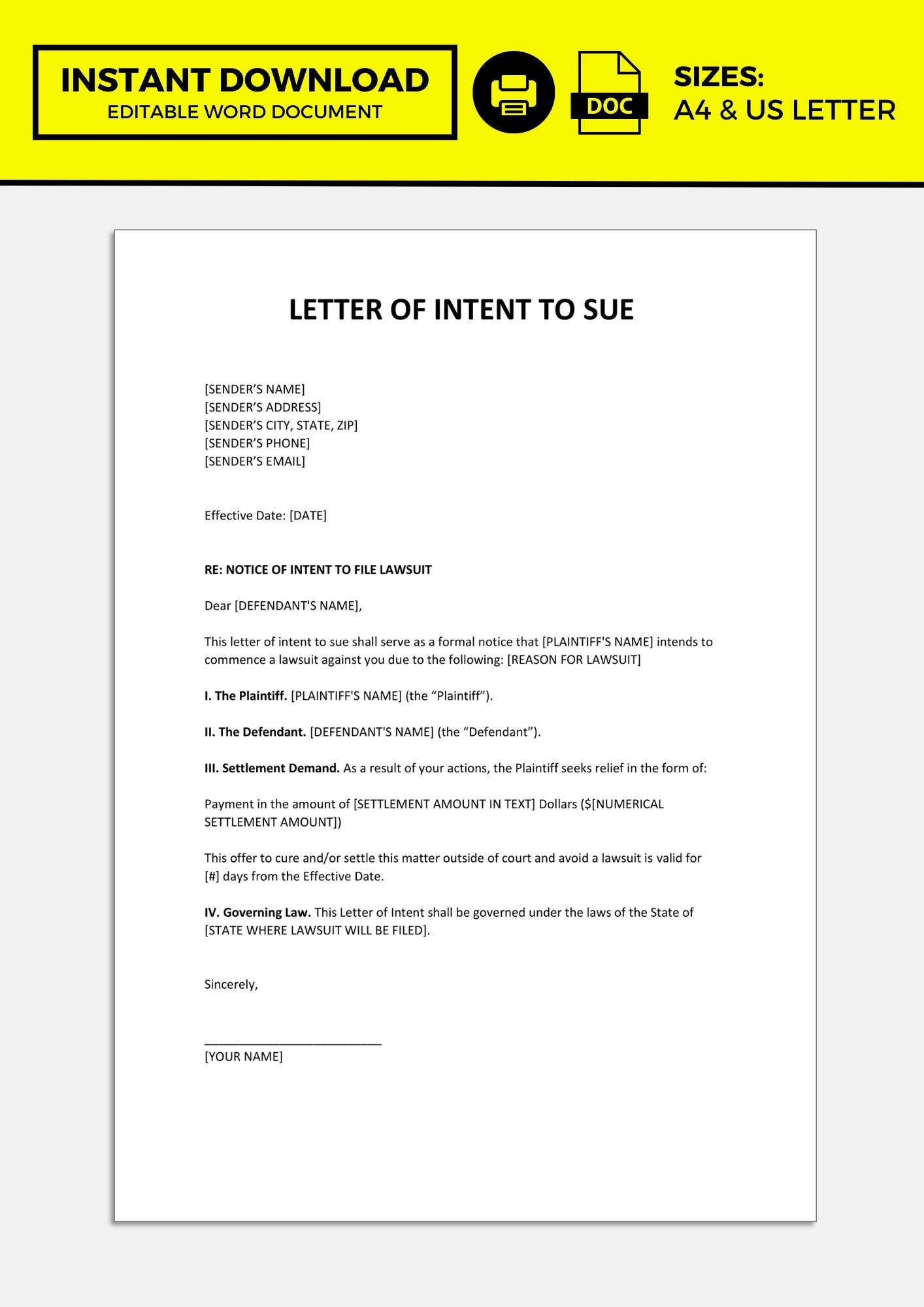 Letter of Intent to Sue Template Etsy Letter of Intent to Sue Template Etsy
