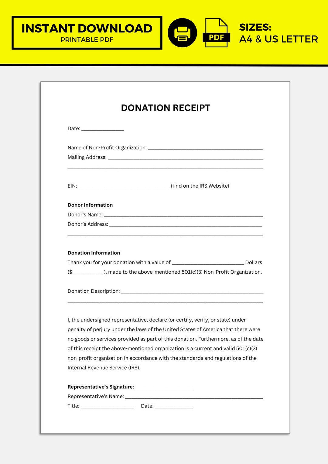 Donation Receipt, Donation Receipt Template Etsy