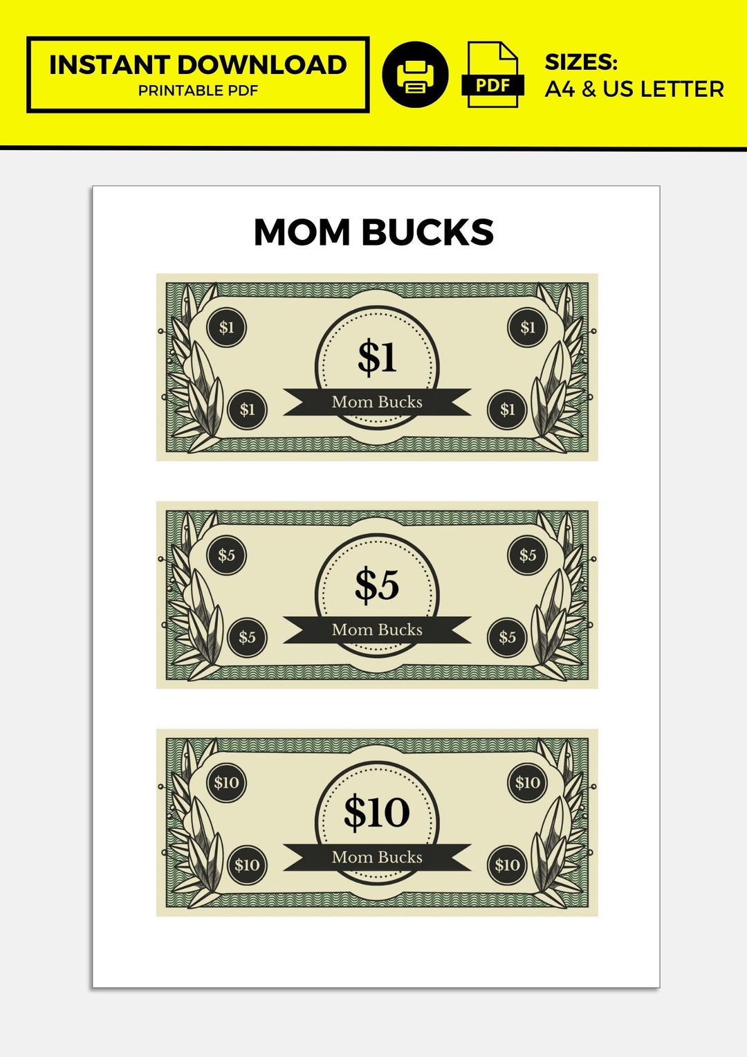 Mom Bucks, Mom Bucks Printable, Mom Money, Mom Dollars, Chore Bucks ...