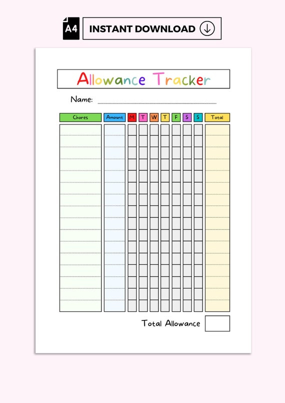 Allowance Tracker Printable Allowance Tracker Allowance Etsy Canada
