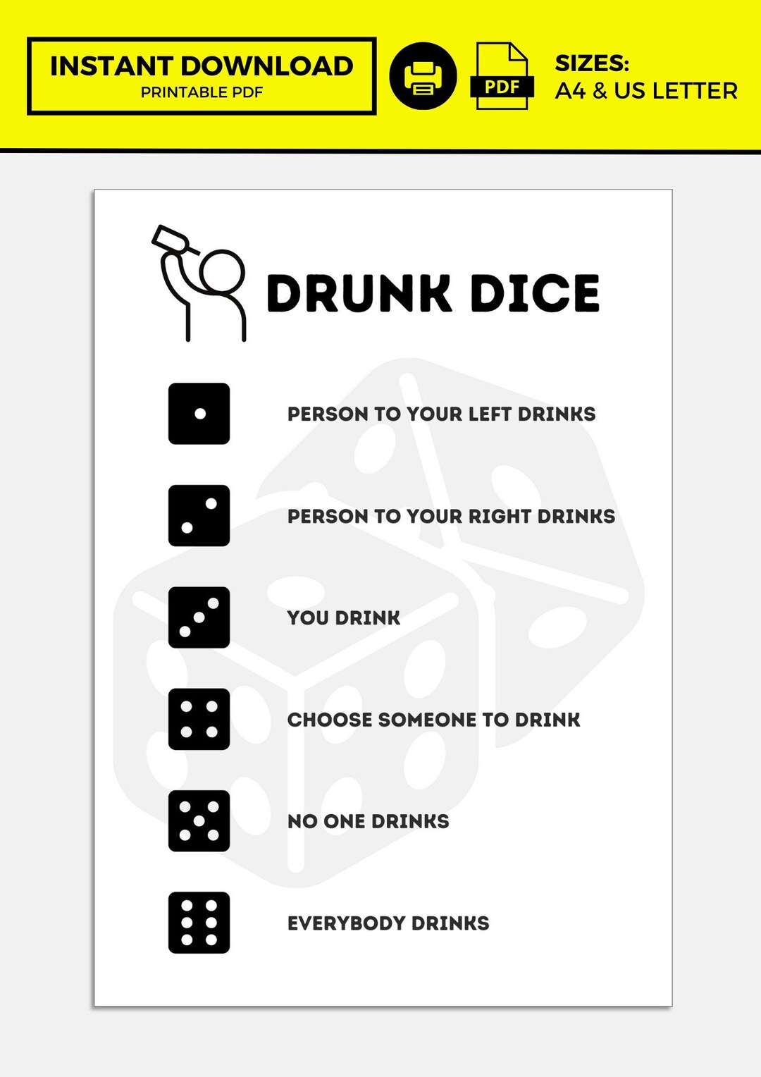 Drinking Dice Game, Drinking Games, Drinking Games Printable, Drunk