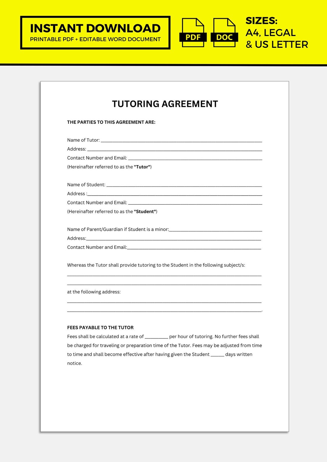 Tutoring Agreement, Tutoring Contract, Tutor Agreement, Tutor Contract