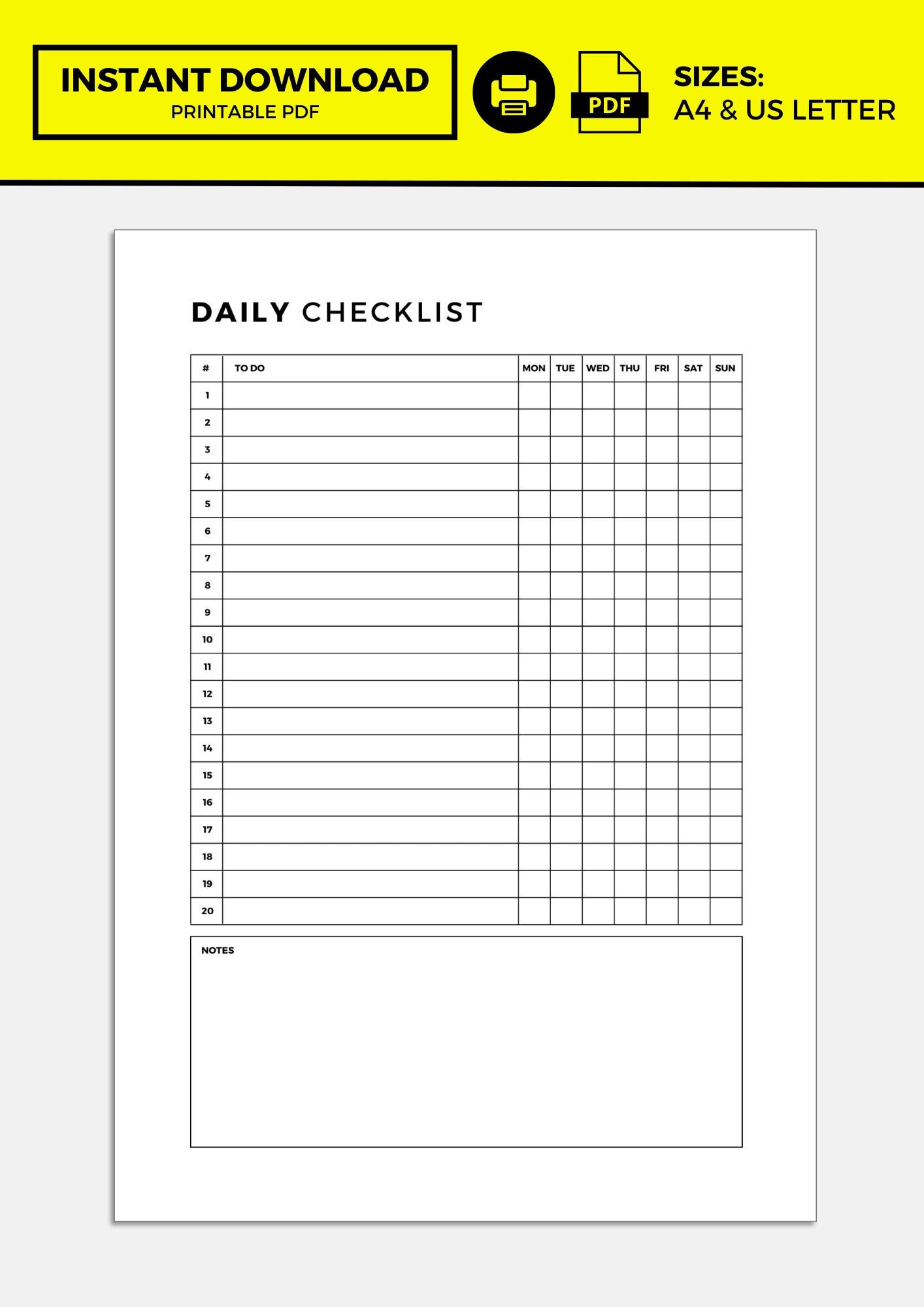 Daily Checklist Template Daily Checklist Planner Daily Checklist 