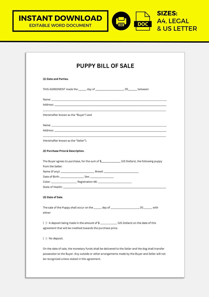 Puppy Bill of Sale, Puppy Bill of Sale Template Etsy