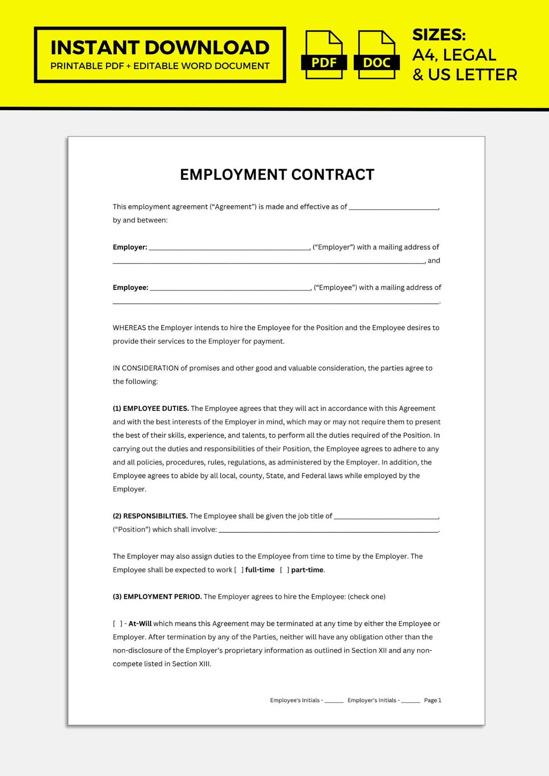 Employment Contract, Employment Contract Template - Etsy UK