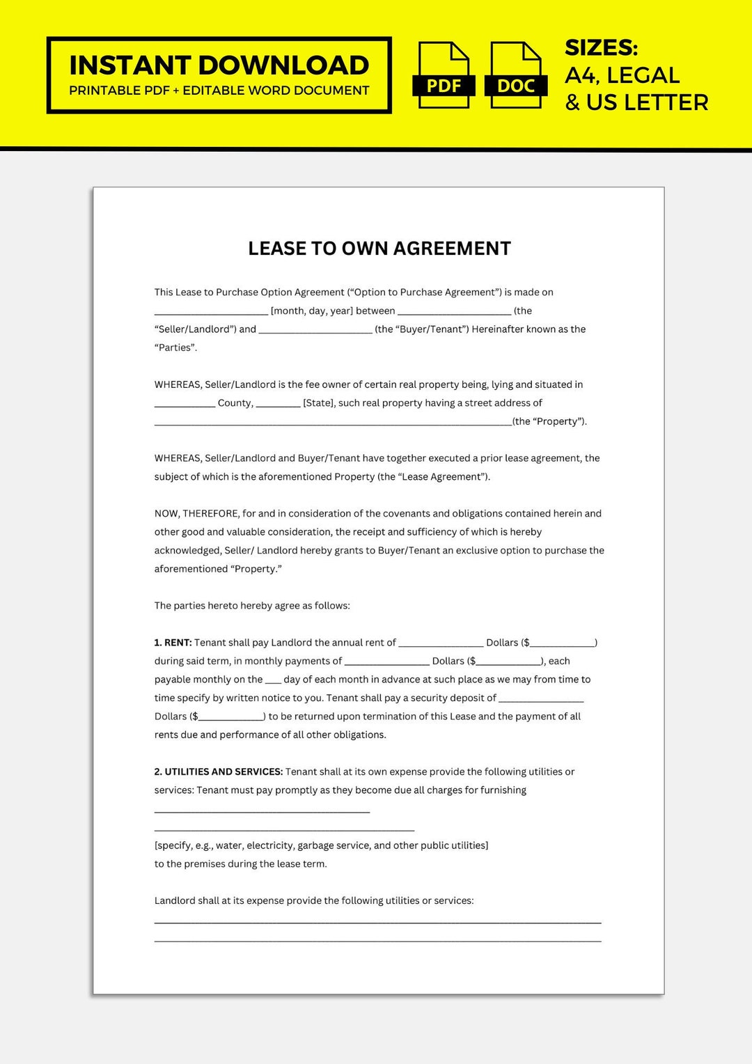 Lease to Own Agreement, Lease to Own Contract, Rent to Own Agreement, Rent to Own Contract Etsy