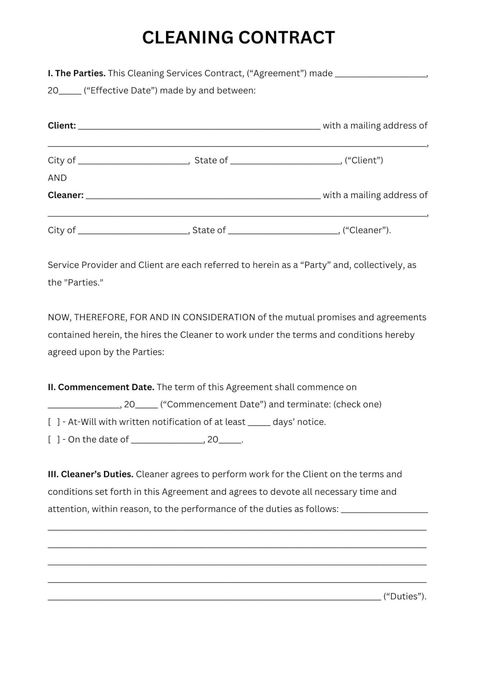 Cleaning Contract, Cleaning Services Contract Etsy