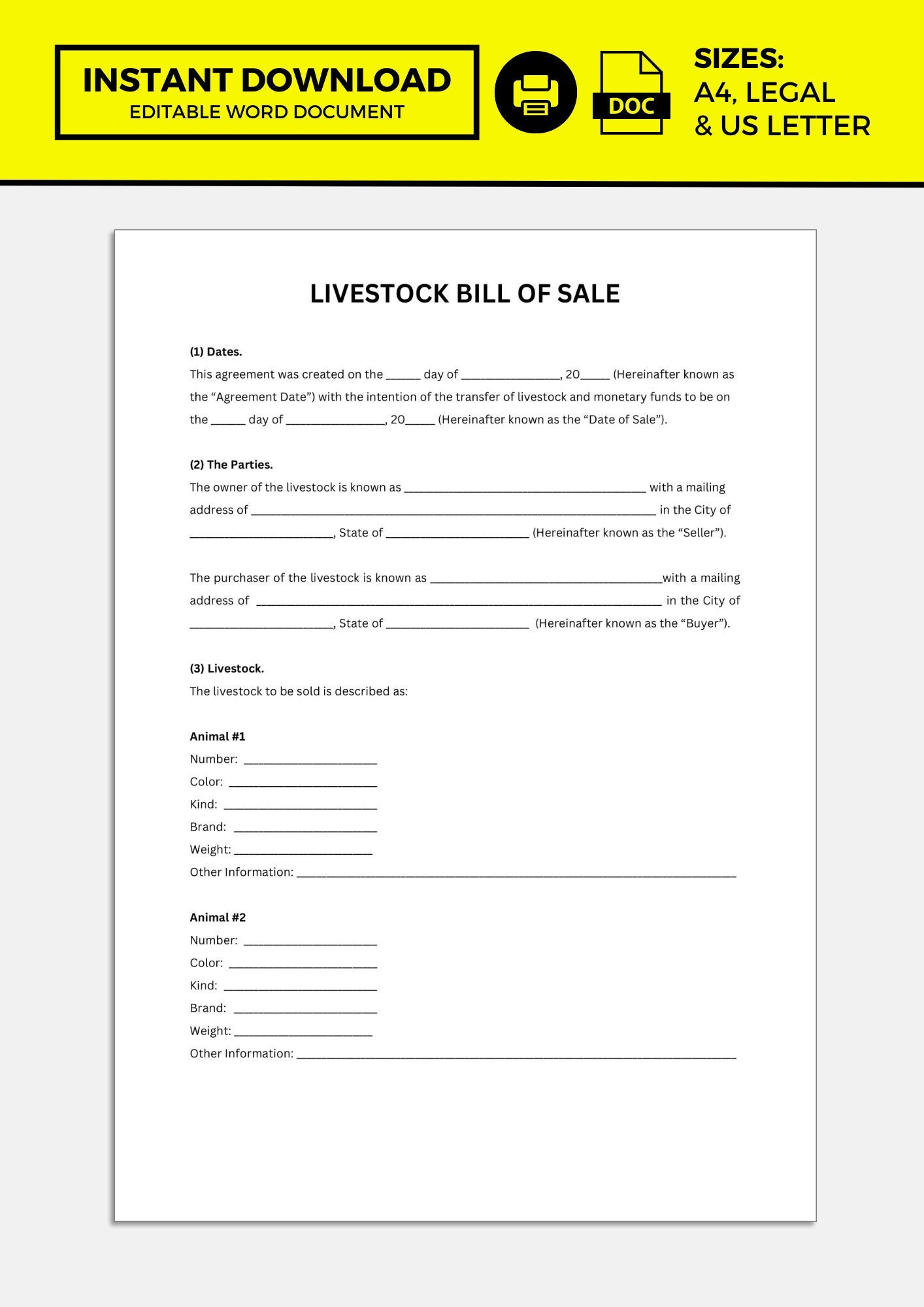 Livestock Bill of Sale, Livestock Bill of Sale Template - Etsy