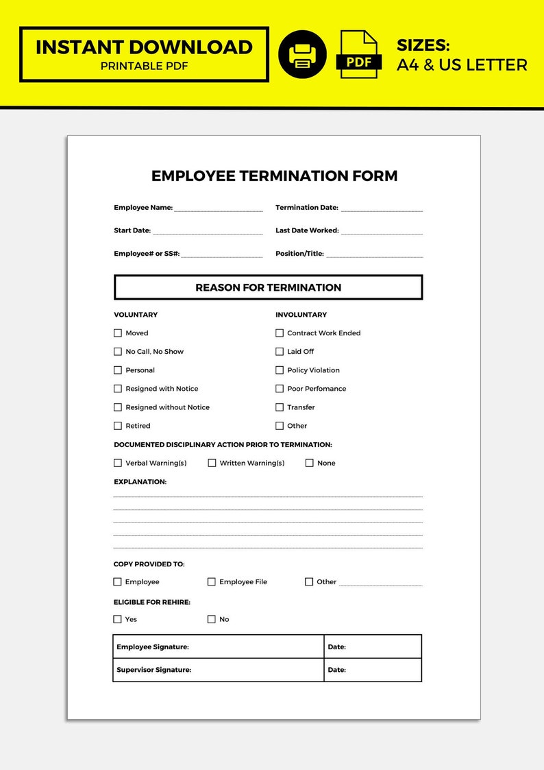 Employee Termination Form (Download Now) - Etsy