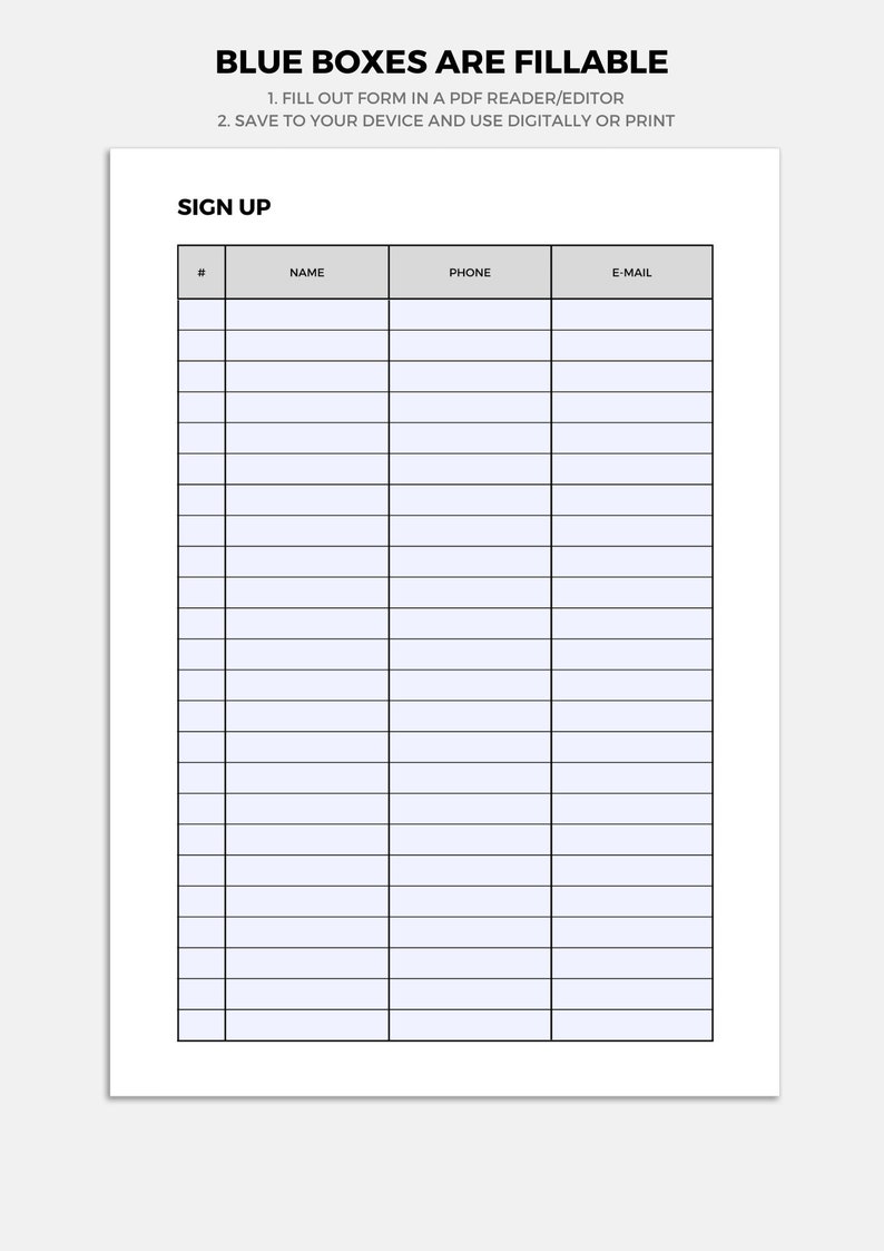 Sign up Sheet Template Etsy