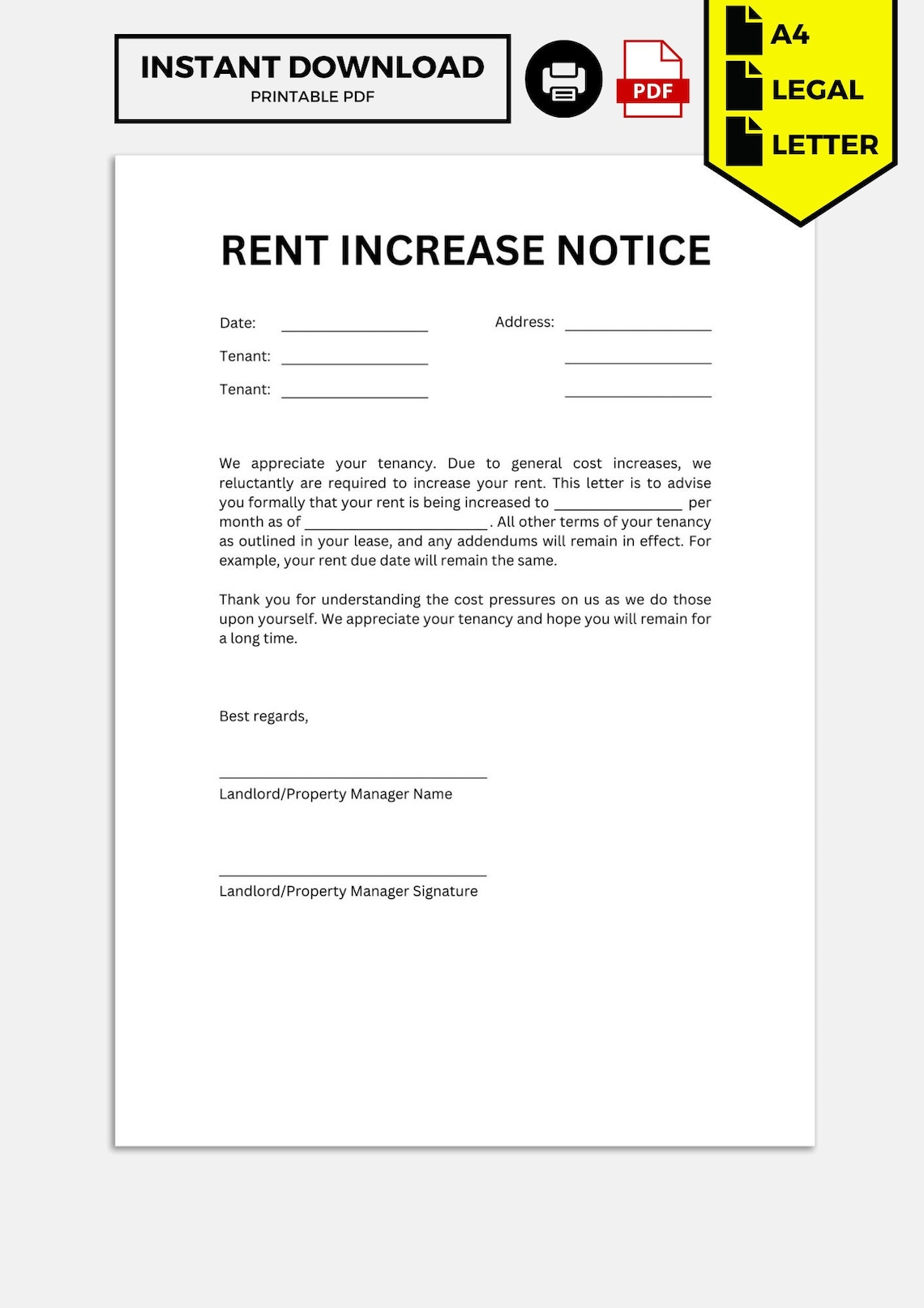 Rental Increase Notice Rental Increase Form Rental Increase Etsy UK