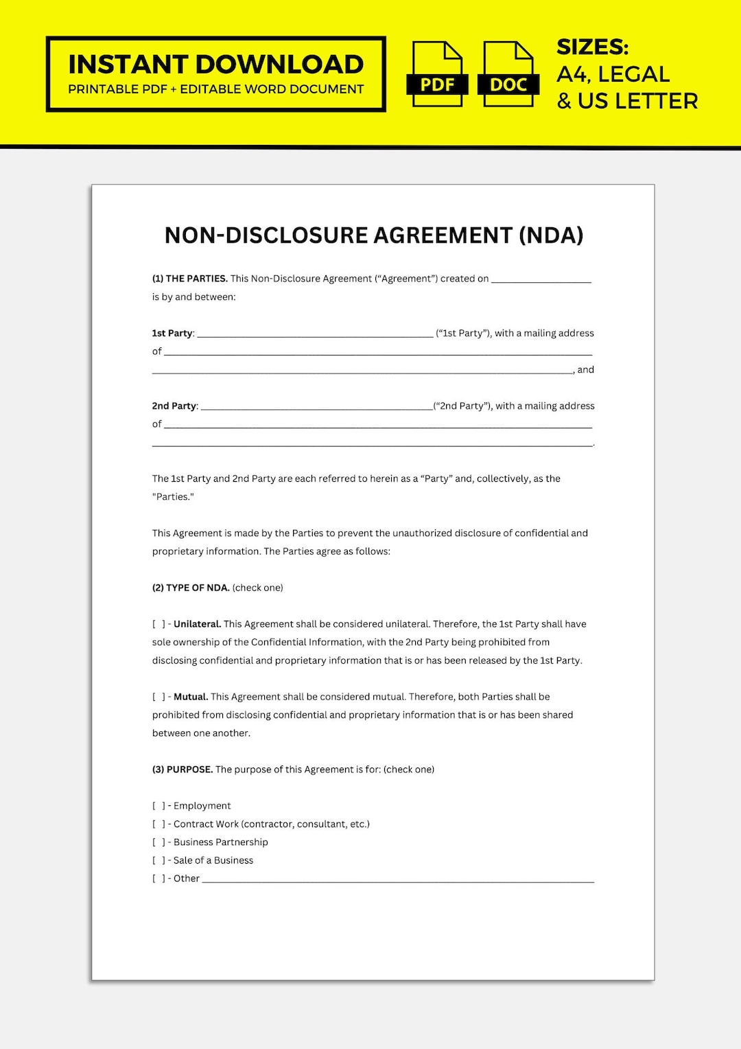 Non Disclosure Agreement Template, Non Disclosure Agreement Etsy