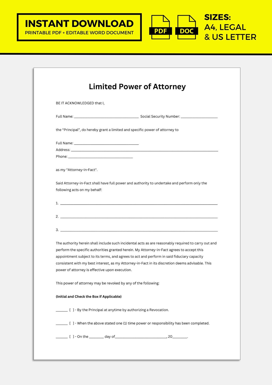 Limited Power of Attorney Template Etsy Limited Power of Attorney Template Etsy