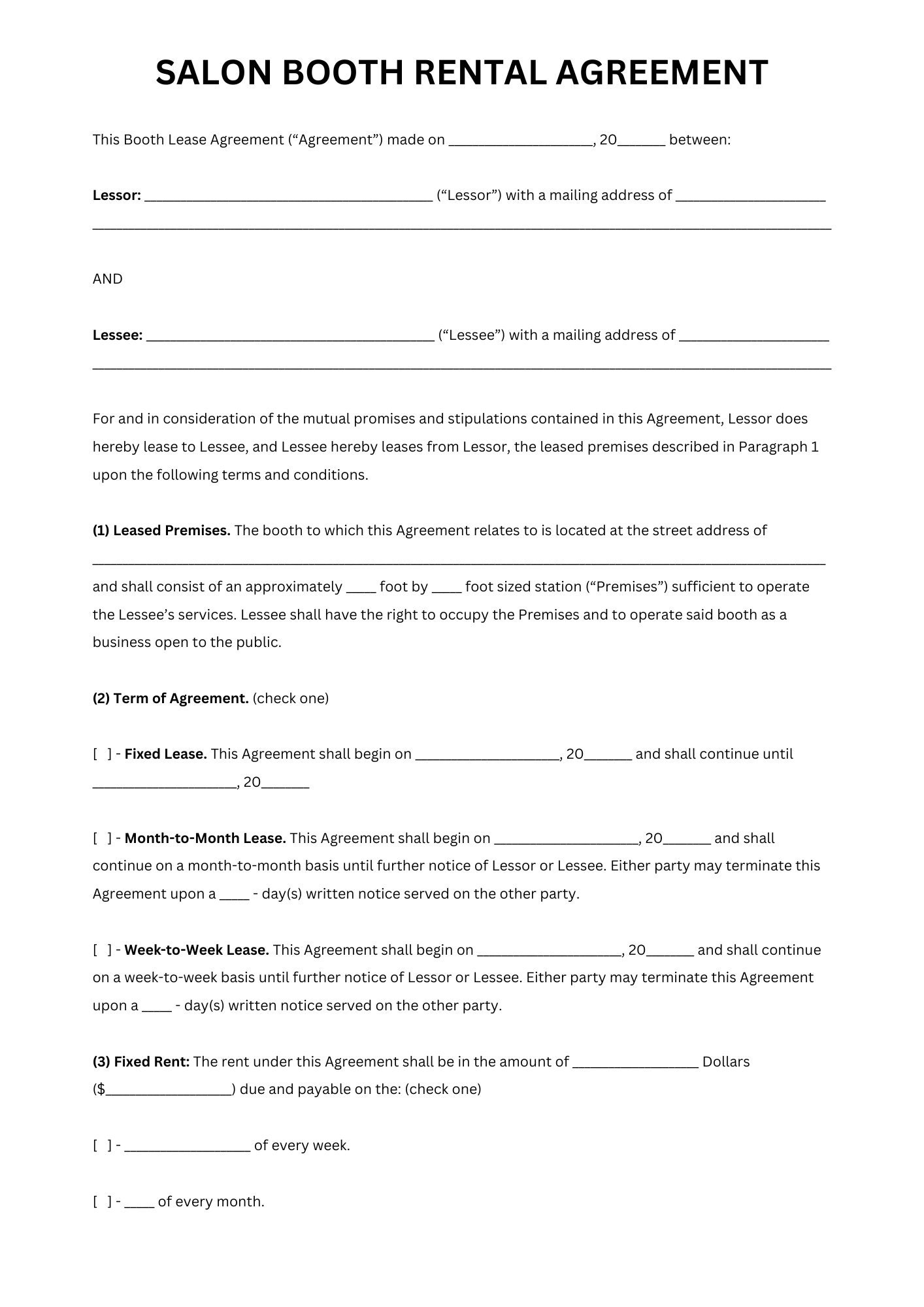 Saloon Booth Rental Agreement Salon Booth Rental Contract Etsy UK