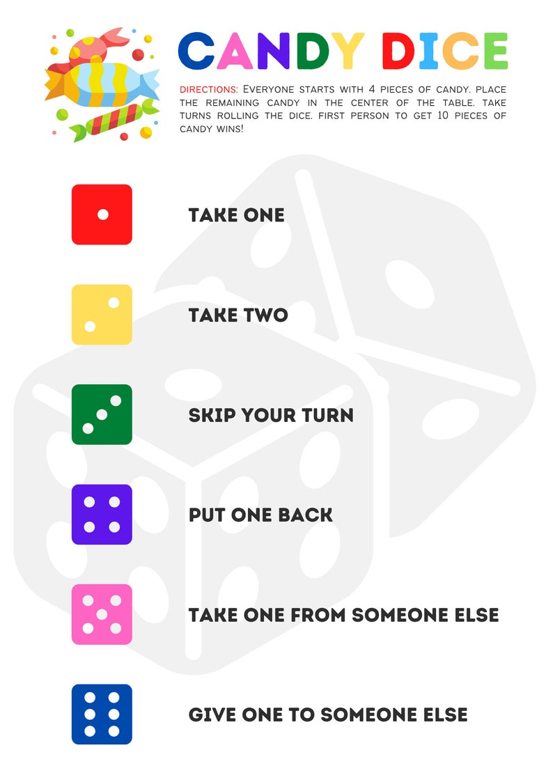 Candy Dice, Candy Dice Game, Kids Party Games, Party Games for Kids