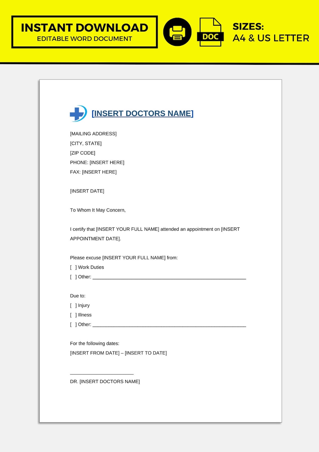 Doctor Excuse Template, Doctor Excuse for Work, Doctor Note for Work - Etsy