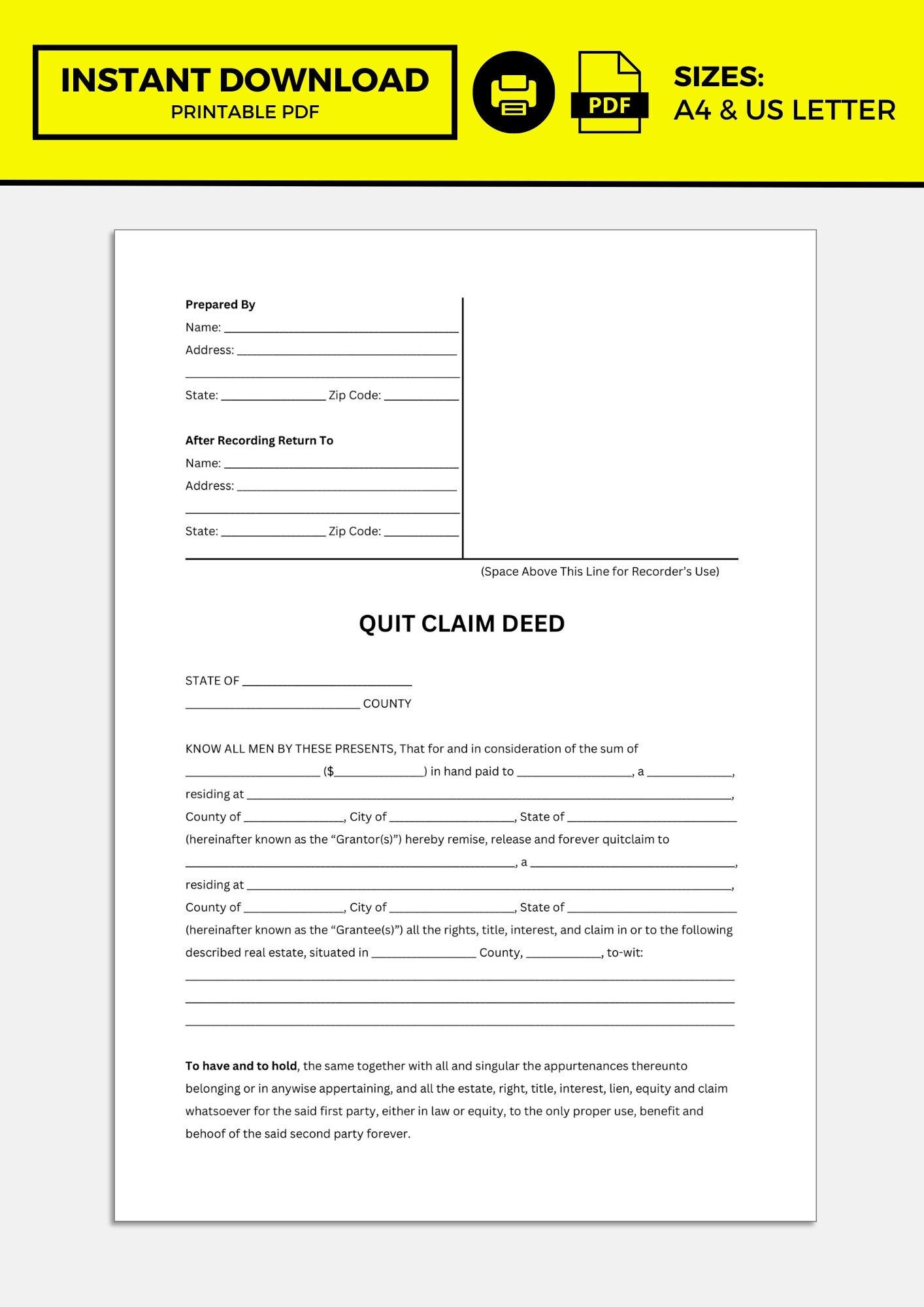 Quit Claim Deed, Quit Claim Deed Template Etsy