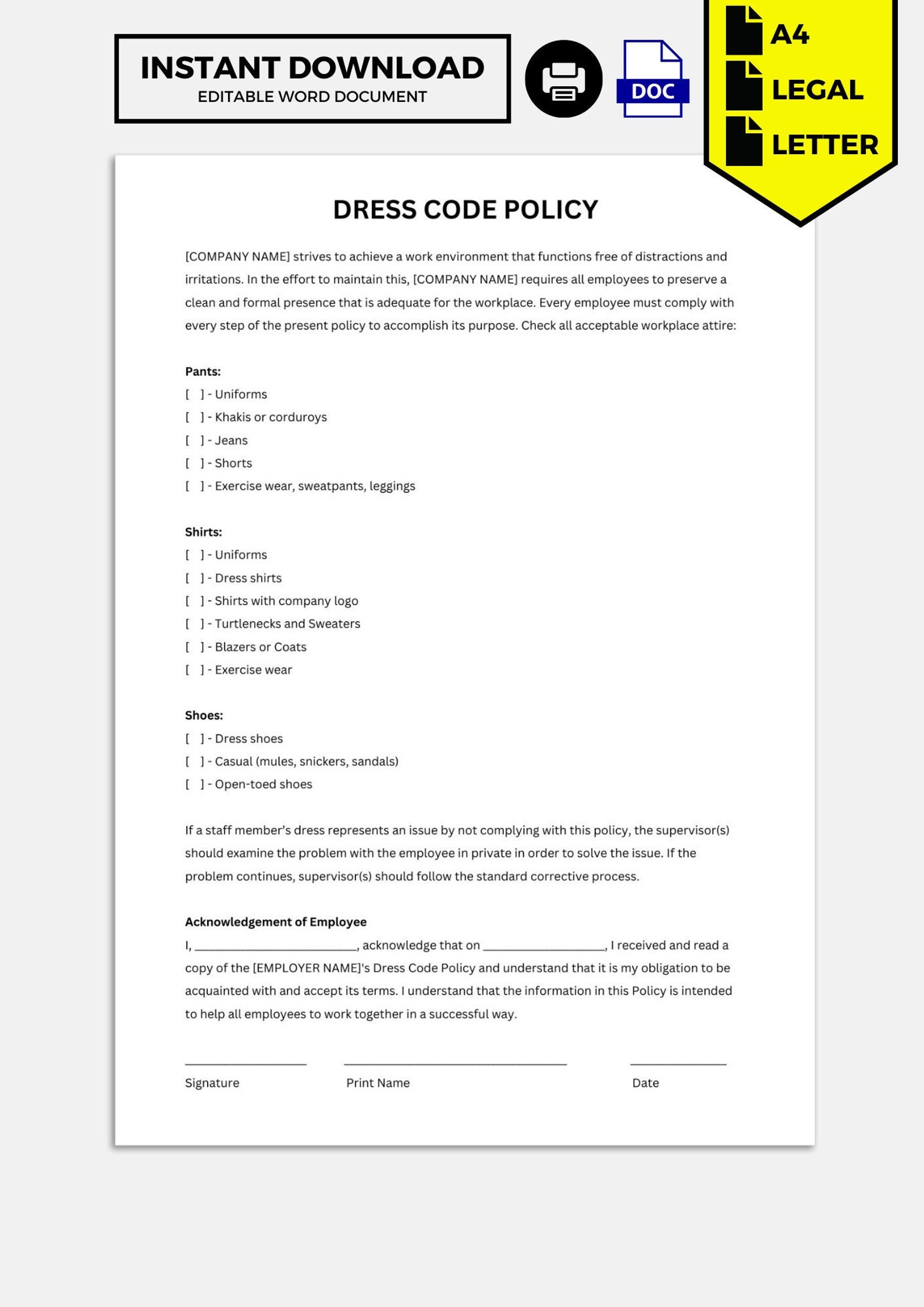 Dress Code Policy Dress Code Policy Template - Etsy
