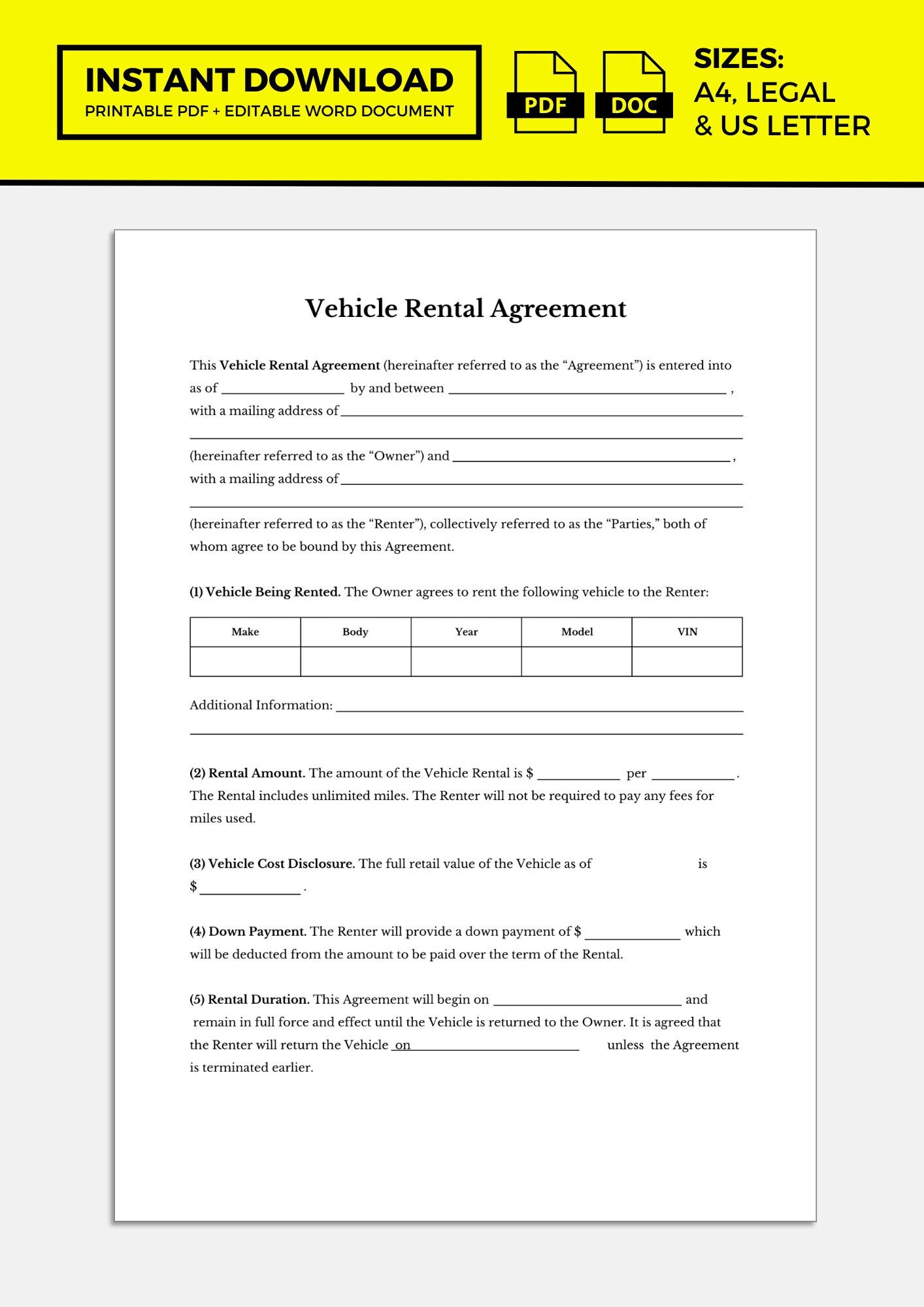 Vehicle Rental Agreement Car Rental Agreement Vehicle Rental Etsy