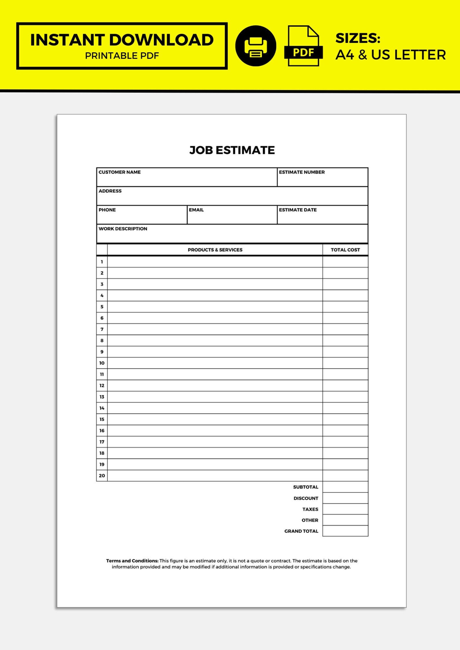 Job Estimate Template Printable Job Estimate Template Instant