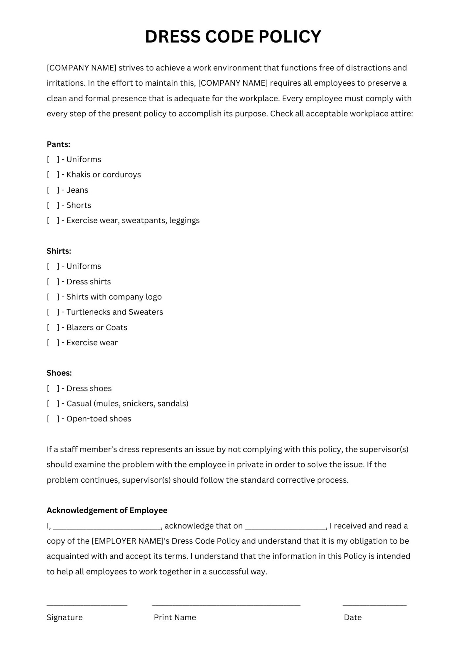 Dress Code Policy, Dress Code Policy Template Etsy