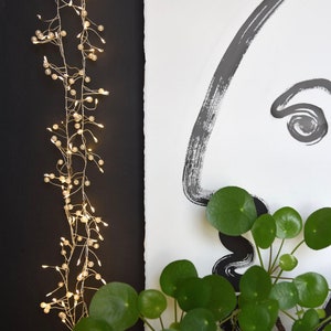 May include: A decorative arrangement featuring a string of warm white fairy lights cascading down a black wall. A minimalist black and white abstract face drawing is next to the lights. A small green plant with round leaves is in the foreground.