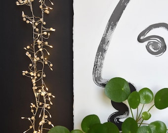 May include: A decorative arrangement featuring a string of warm white fairy lights cascading down a black wall. A minimalist black and white abstract face drawing is next to the lights. A small green plant with round leaves is in the foreground.