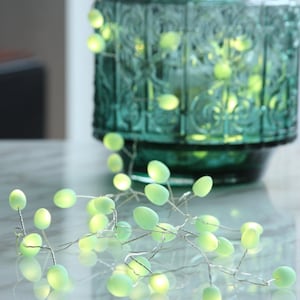 May include: A string of fairy lights with green frosted bulbs. The lights are strung on a silver wire and are wrapped around a decorative green glass vase.